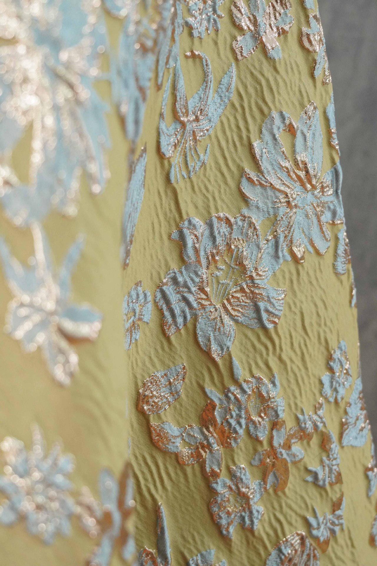 Embossed Floral Metallic Jacquard Fabric by Yard, Vintage Gold Thread Brocade Textile, Luxury Fabric for Dresses Decor, 54"Wide
