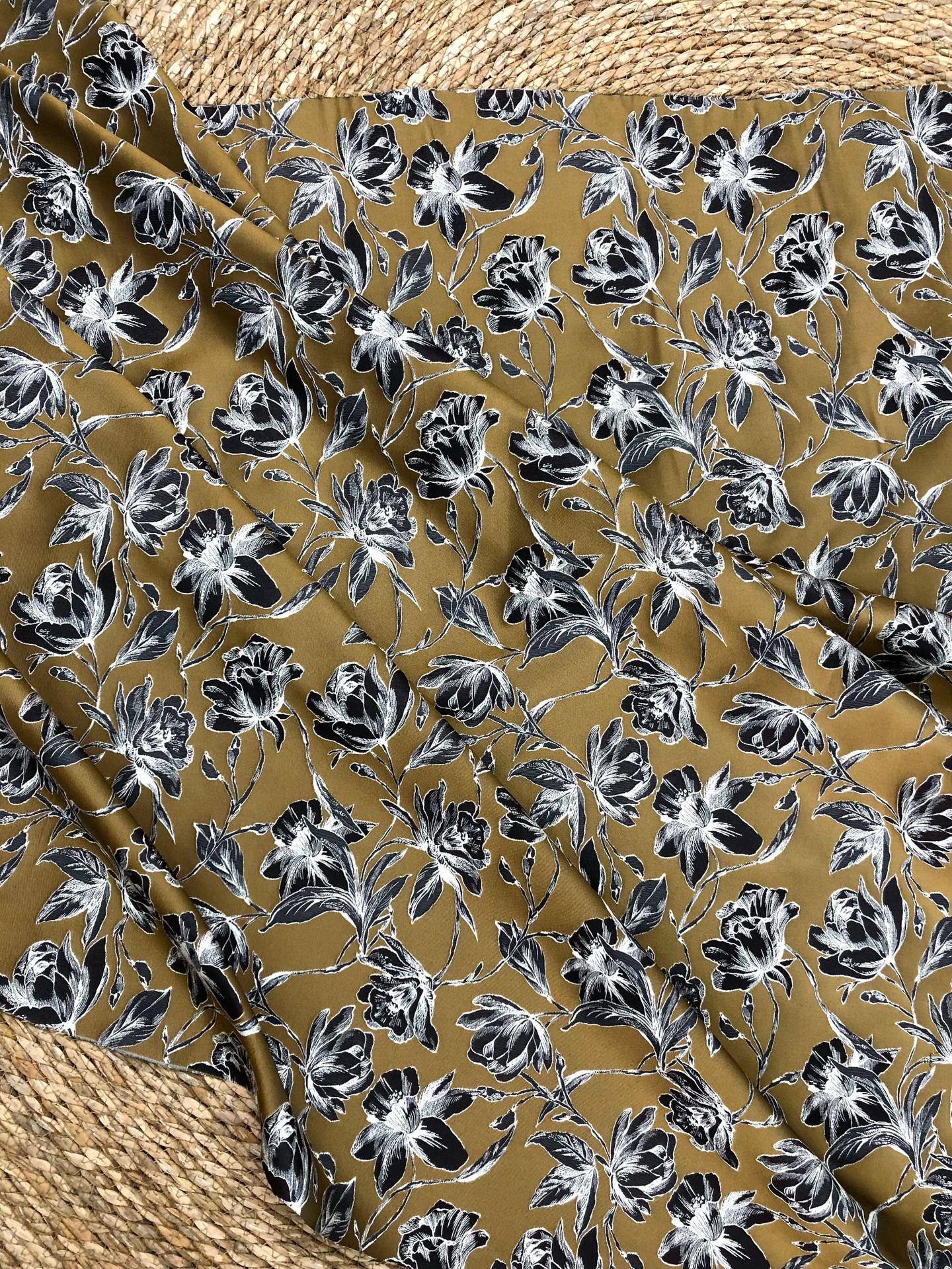 Vintage Hand-Drawn Magnolia Yarn-Dyed Fabric, Floral Upholstery Textile, Retro Botanical Material for Curtains, Cushions & Home Decor, 63"W - Poppylollipop