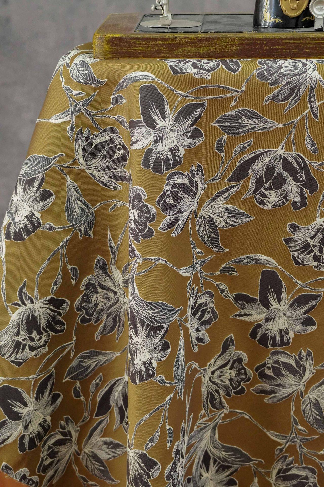 Vintage Hand-Drawn Magnolia Yarn-Dyed Fabric, Floral Upholstery Textile, Retro Botanical Material for Curtains, Cushions & Home Decor, 63"W - Poppylollipop