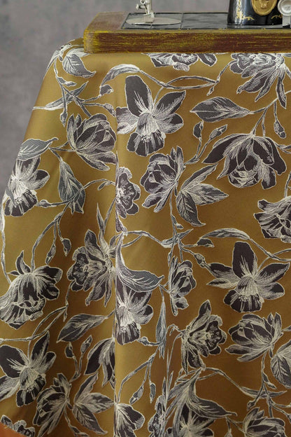 Vintage Hand-Drawn Magnolia Yarn-Dyed Fabric, Floral Upholstery Textile, Retro Botanical Material for Curtains, Cushions & Home Decor, 63"W - Poppylollipop