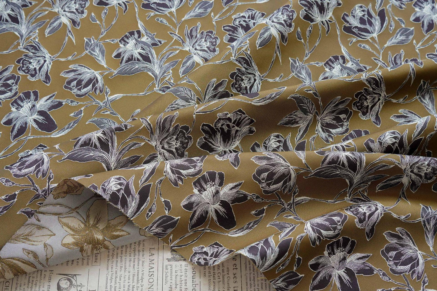 Vintage Hand-Drawn Magnolia Yarn-Dyed Fabric, Floral Upholstery Textile, Retro Botanical Material for Curtains, Cushions & Home Decor, 63"W - Poppylollipop