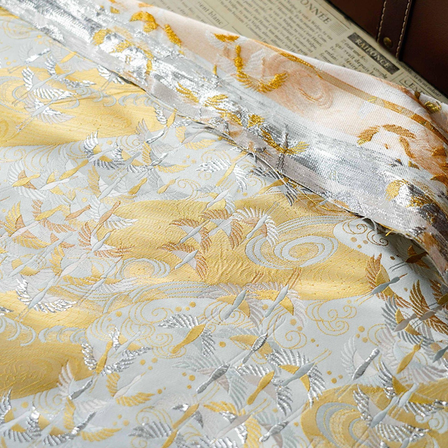 Japanese Flying Crane Jacquard Fabric, Flowing Water Brocade Textile, Oriental Woven Material for Kimono, Table Runner & Home Decor, 59"Wide - Poppylollipop