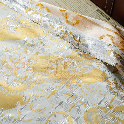 Japanese Flying Crane Jacquard Fabric, Flowing Water Brocade Textile, Oriental Woven Material for Kimono, Table Runner & Home Decor, 59"Wide - Poppylollipop
