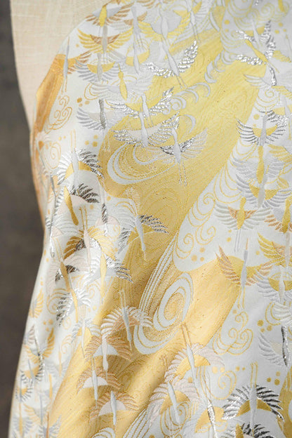 Japanese Flying Crane Jacquard Fabric, Flowing Water Brocade Textile, Oriental Woven Material for Kimono, Table Runner & Home Decor, 59"Wide - Poppylollipop