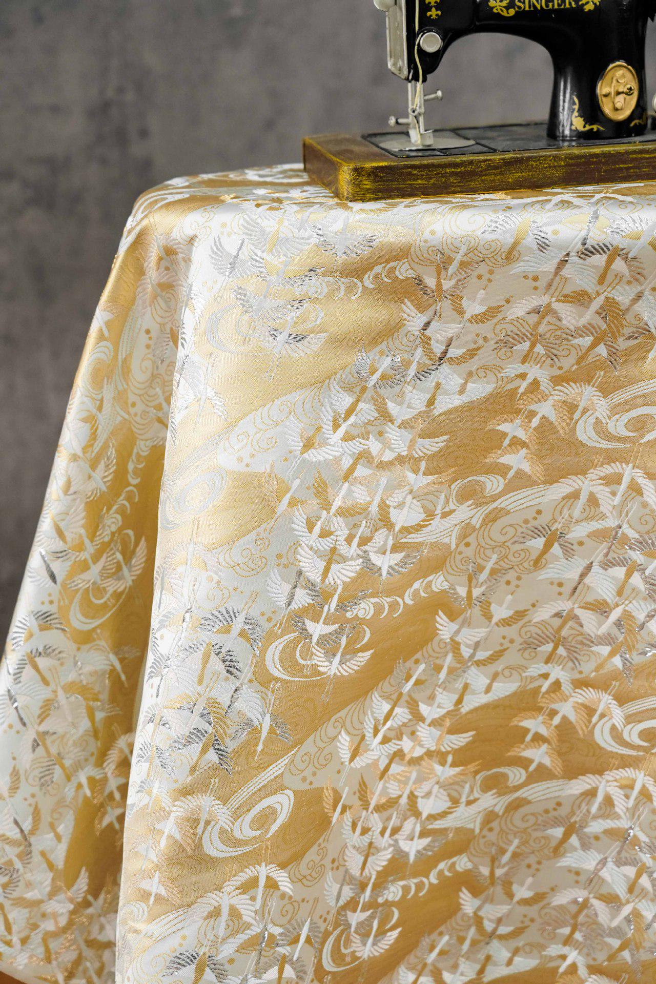Japanese Flying Crane Jacquard Fabric, Flowing Water Brocade Textile, Oriental Woven Material for Kimono, Table Runner & Home Decor, 59"Wide - Poppylollipop