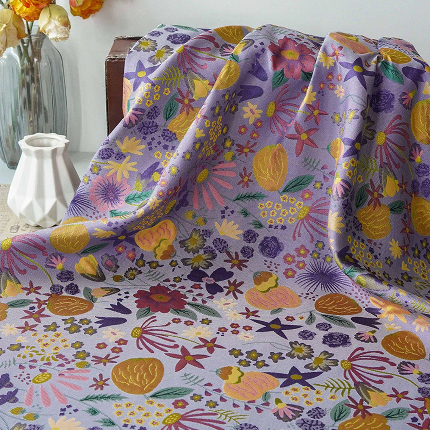 Vintage Cartoon Floral Yarn-Dyed Fabric, Whimsical Botanical Textile, Colorful Retro Flower Material for Bags, Curtains & DIY Decor, 63"W - Poppylollipop