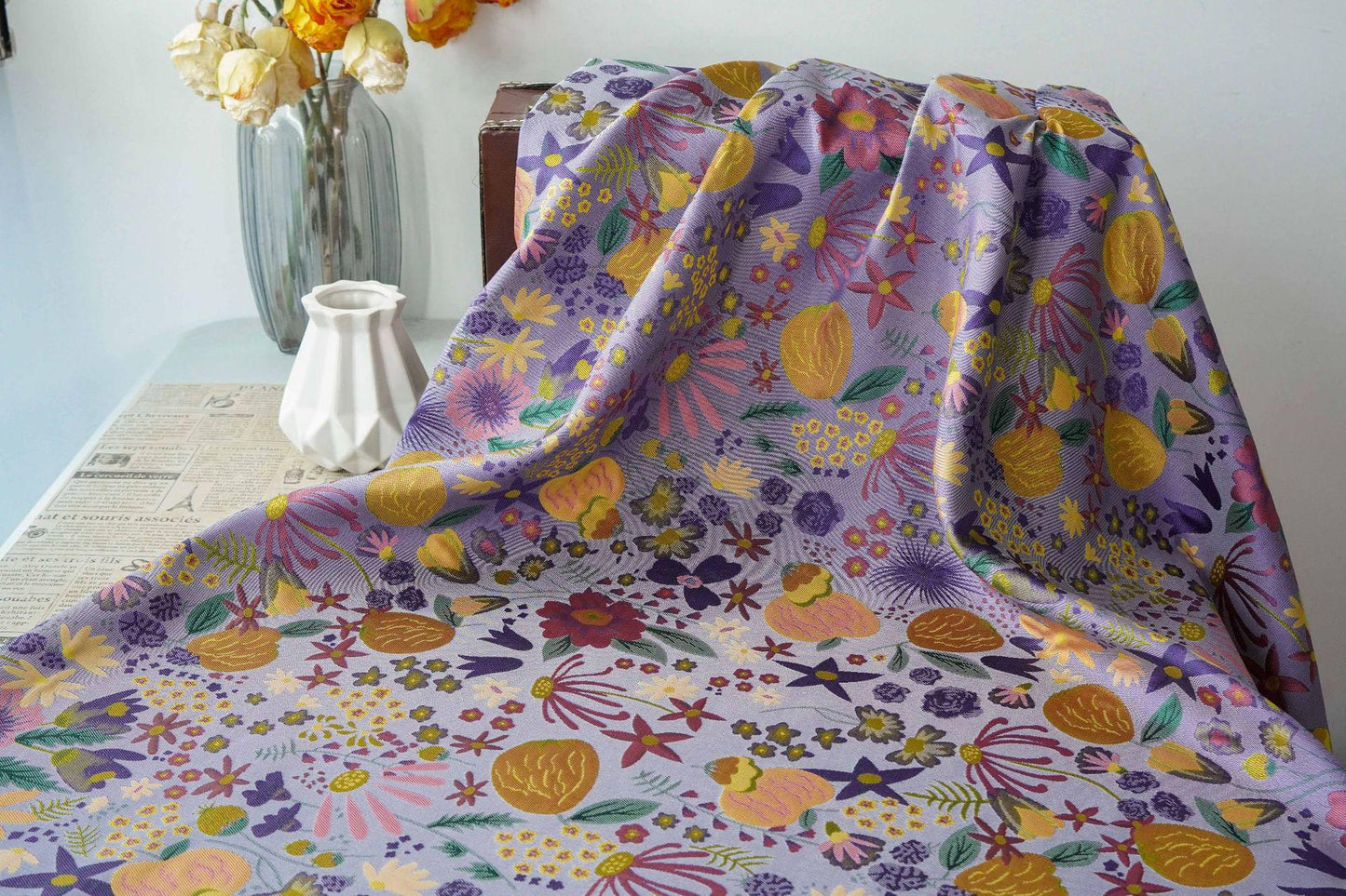 Vintage Cartoon Floral Yarn-Dyed Fabric, Whimsical Botanical Textile, Colorful Retro Flower Material for Bags, Curtains & DIY Decor, 63"W - Poppylollipop