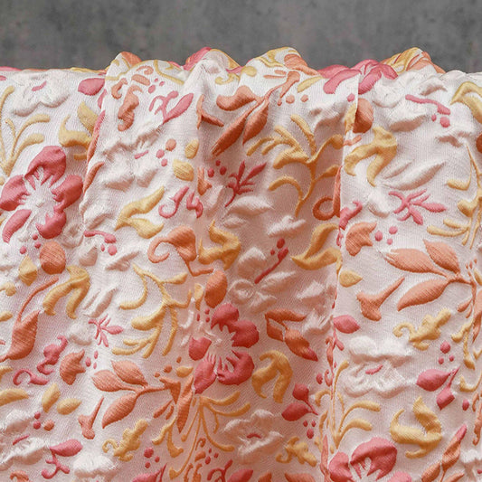 Romantic Embossed Floral Jacquard Fabric, Raised Vine Flower Textile, Vintage Pink Botanical Brocade for Dresses, Cushions & Home Decor, 57"