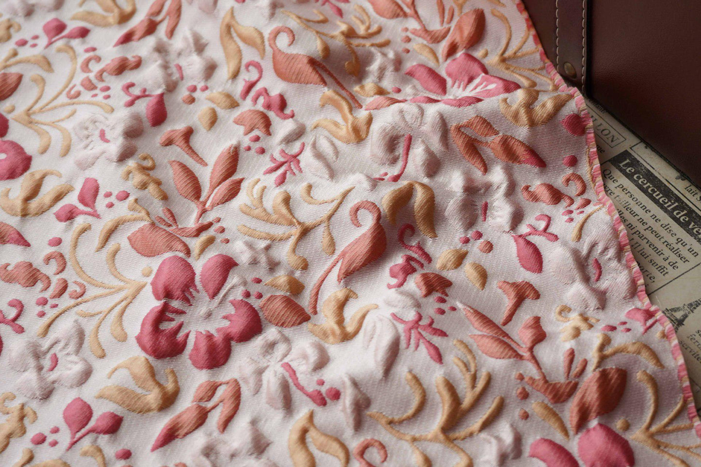 Romantic Embossed Floral Jacquard Fabric, Raised Vine Flower Textile, Vintage Pink Botanical Brocade for Dresses, Cushions & Home Decor, 57" - Poppylollipop