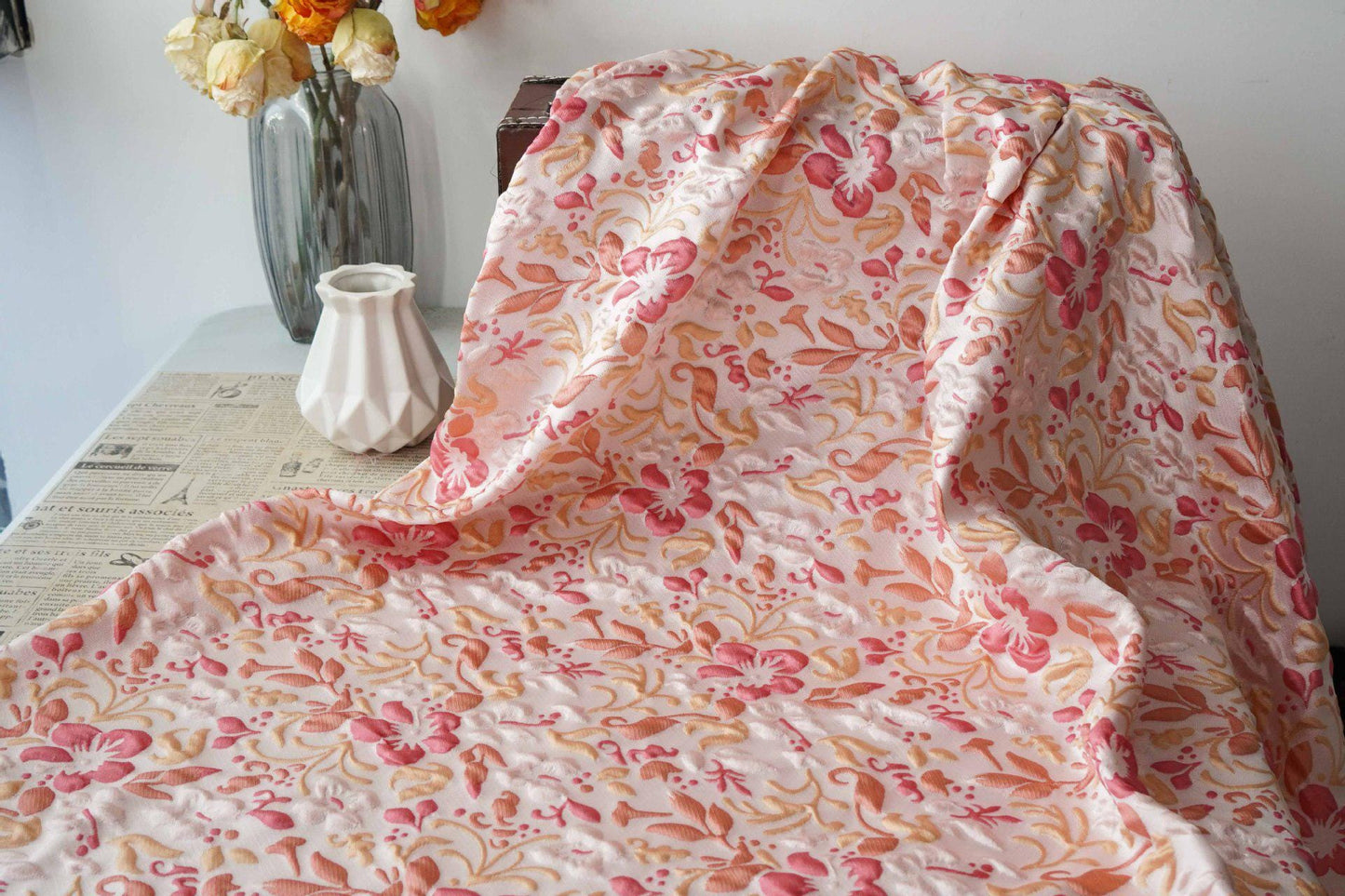 Romantic Embossed Floral Jacquard Fabric, Raised Vine Flower Textile, Vintage Pink Botanical Brocade for Dresses, Cushions & Home Decor, 57" - Poppylollipop