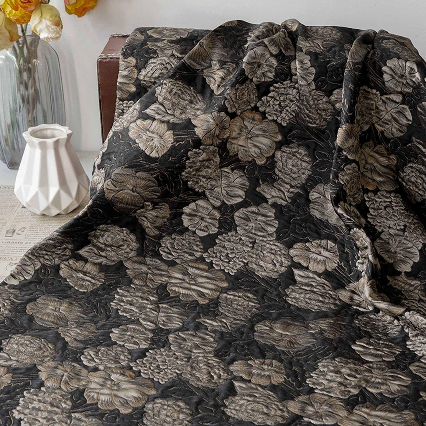 Embossed Floral Jacquard Fabric, Black Woven Brocade Upholstery Material for Bags, Cheongsam, Home Decor and Crafts, 63"Wide