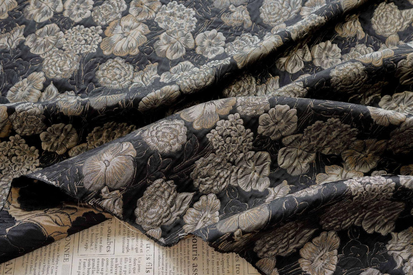 Embossed Floral Jacquard Fabric, Black Woven Brocade Upholstery Material for Bags, Cheongsam, Home Decor and Crafts, 63"Wide