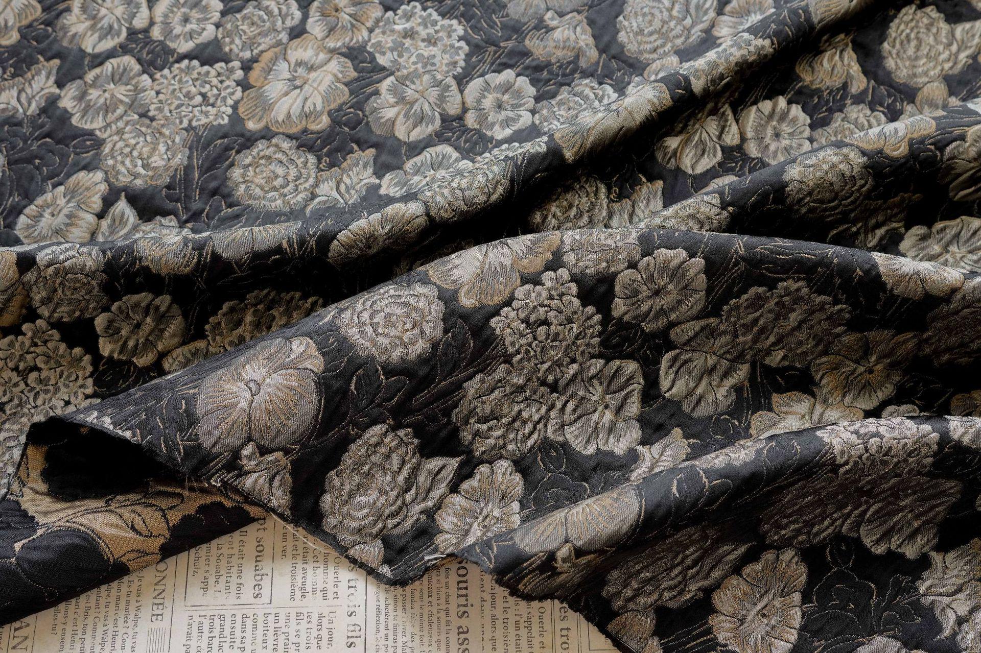 Embossed Floral Jacquard Fabric, Black Woven Brocade Upholstery Material for Bags, Cheongsam, Home Decor and Crafts, 63"Wide