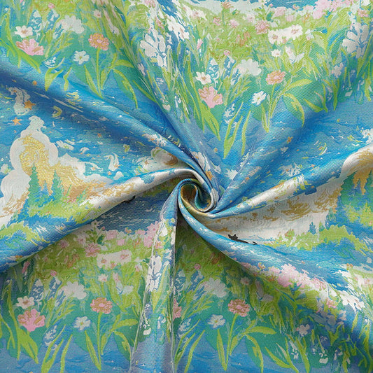 Monet Garden Inspired Song Brocade Jacquard Fabric, Vintage Floral Landscape Woven Textile for Apparel & Home Decor, 59" Wide