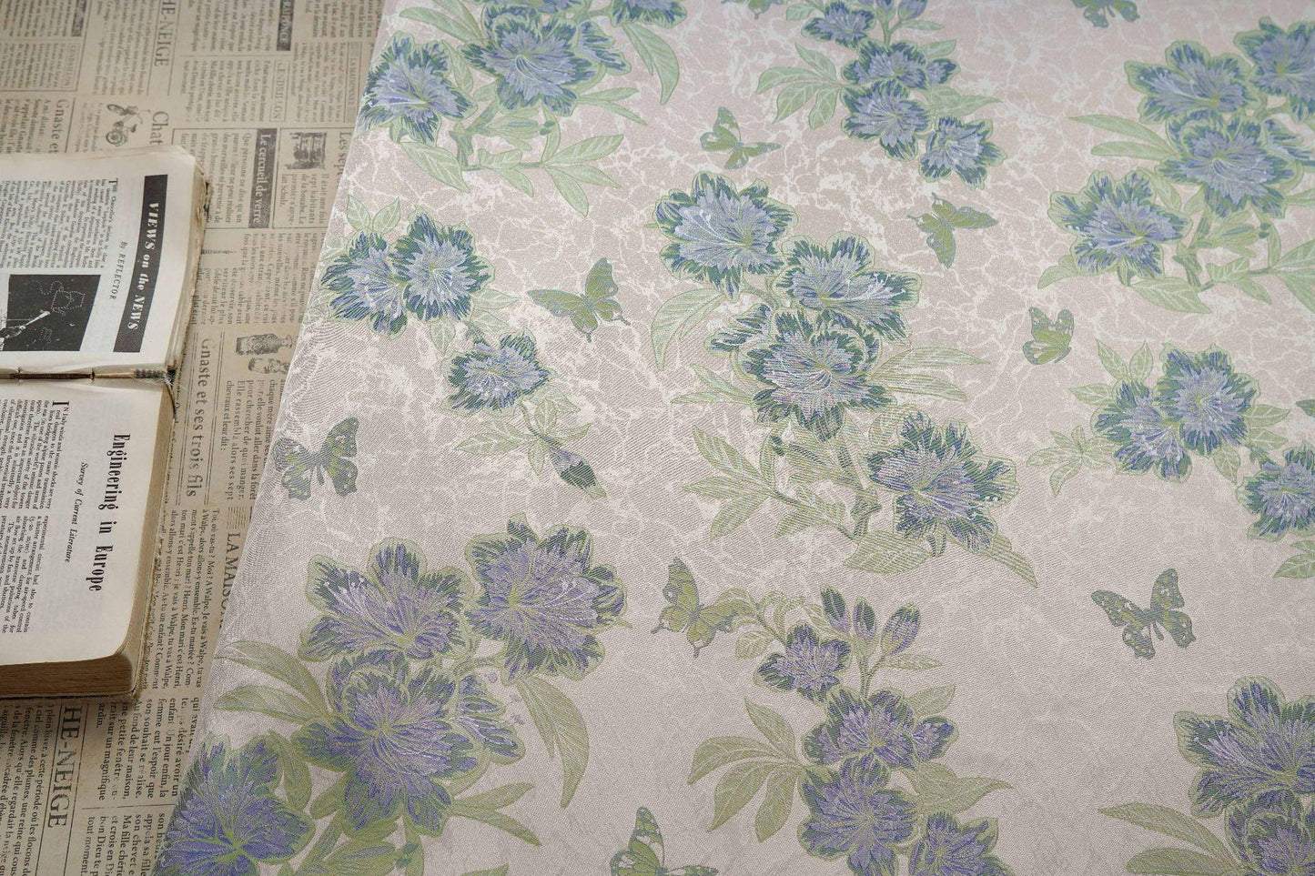 Vintage Butterfly Floral Jacquard Fabric, Soft Lavender Woven Botanical Textile for Dresses, Curtains, Upholstery & Home Decor, 65" Wide