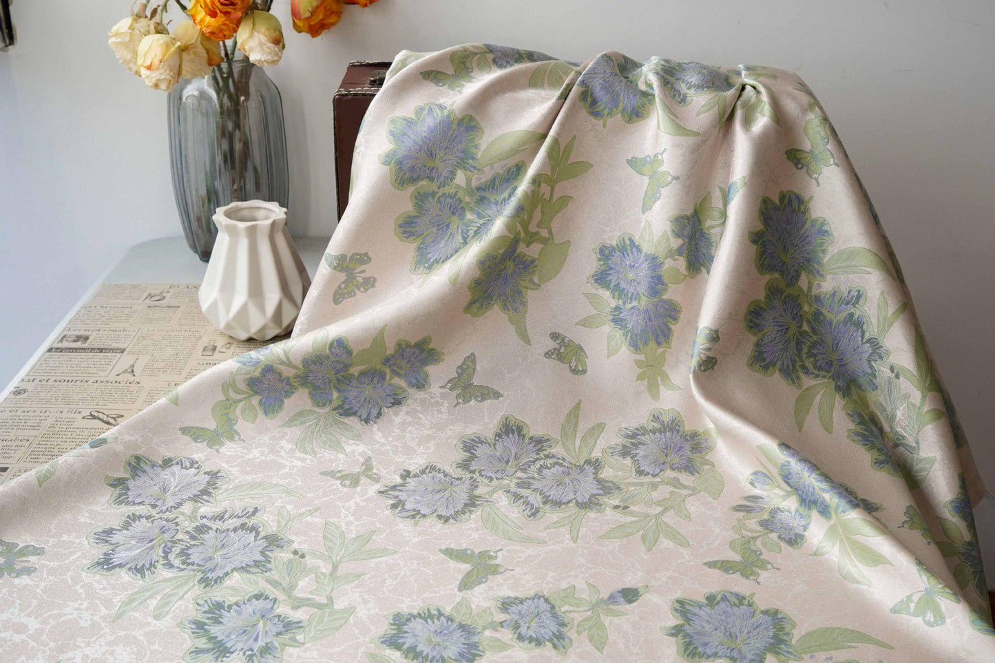 Vintage Butterfly Floral Jacquard Fabric, Soft Lavender Woven Botanical Textile for Dresses, Curtains, Upholstery & Home Decor, 65" Wide