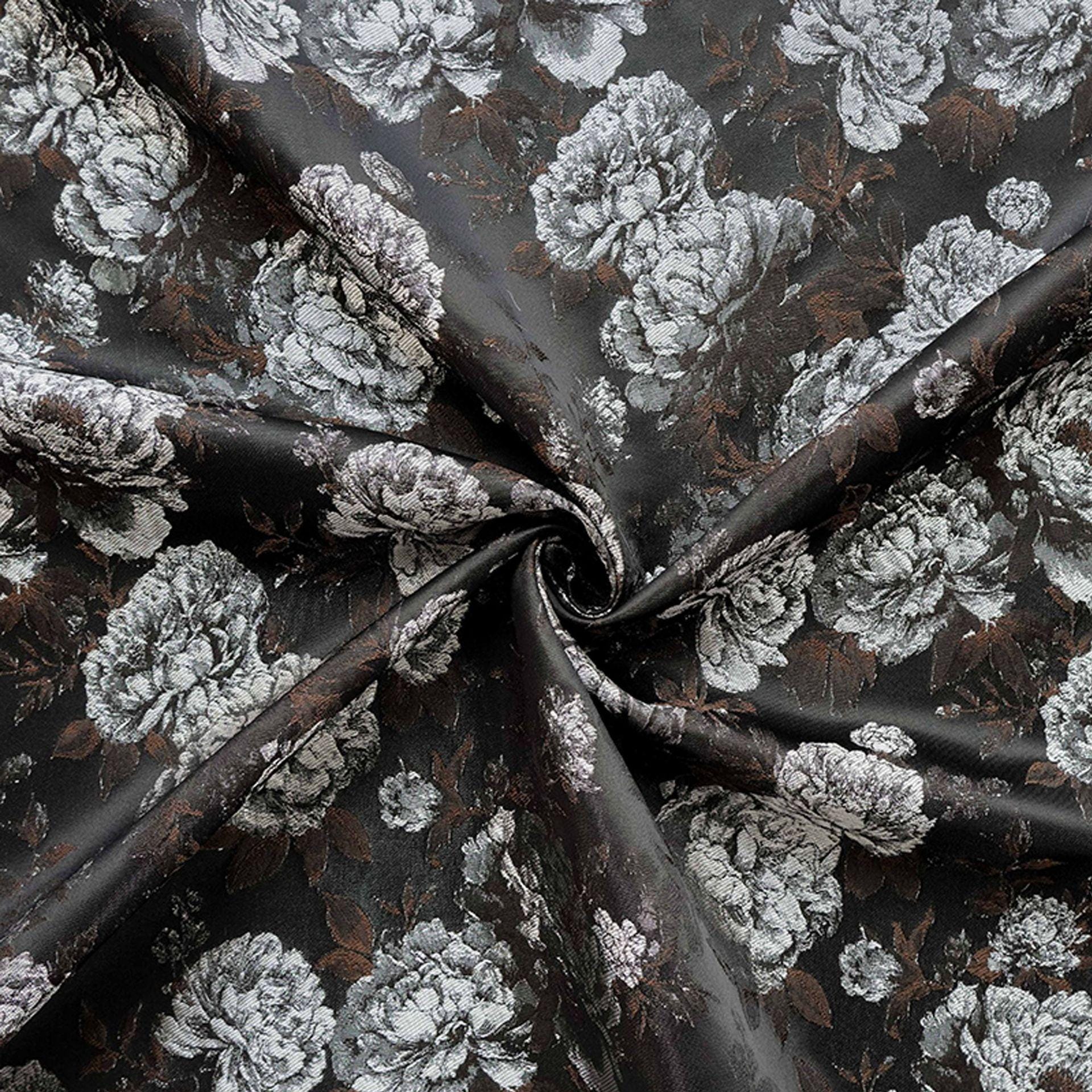 Vintage Black Peony Jacquard Fabric, Dark Romantic Floral Brocade Textile for Cheongsam, Upholstery, Curtains & Home Decor, 63" Wide