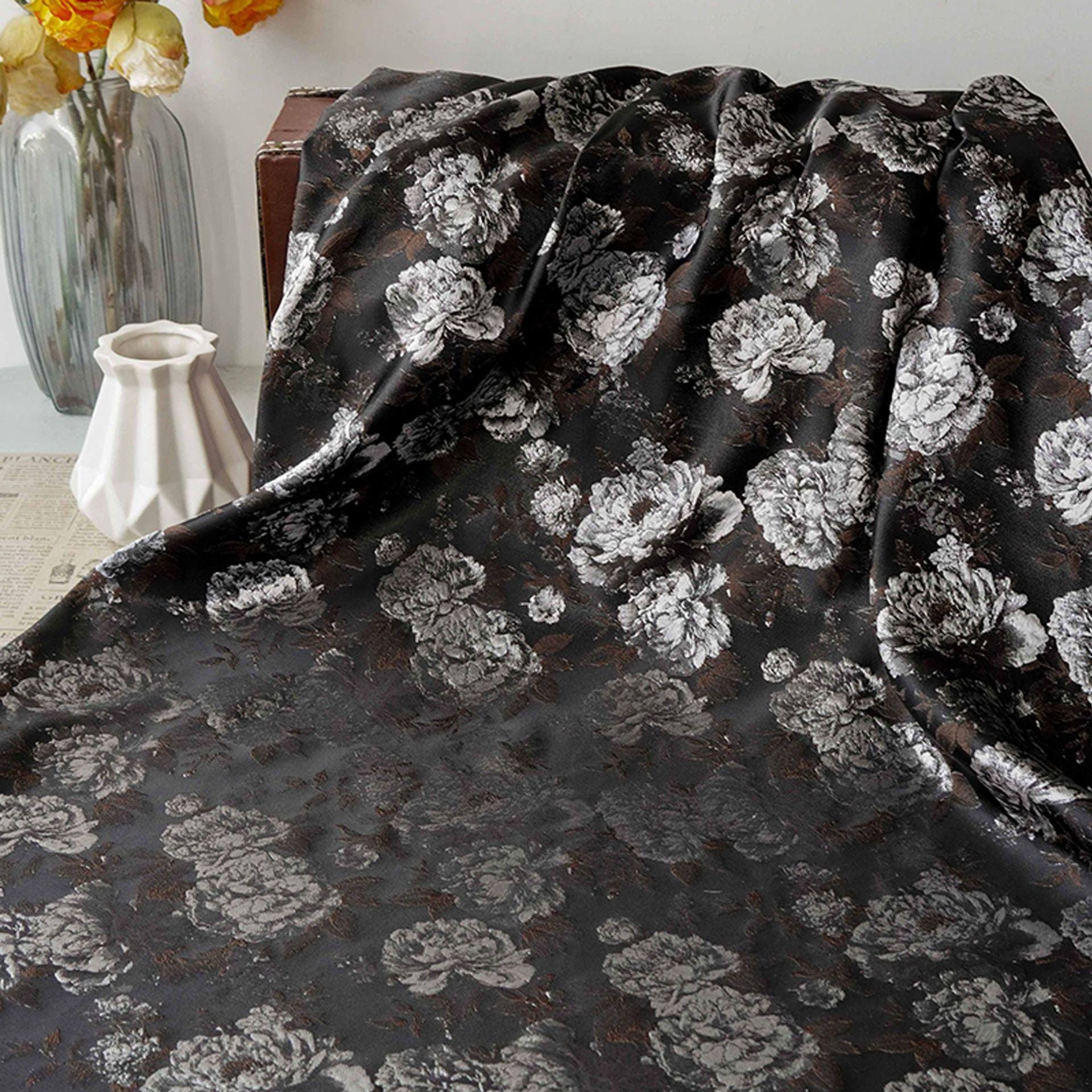 Vintage Black Peony Jacquard Fabric, Dark Romantic Floral Brocade Textile for Cheongsam, Upholstery, Curtains & Home Decor, 63" Wide