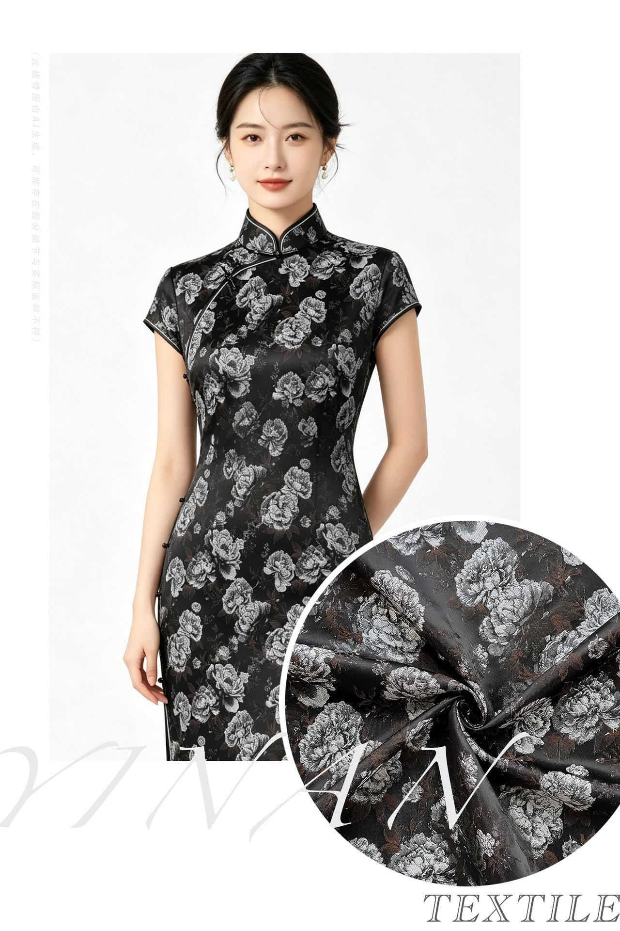 Vintage Black Peony Jacquard Fabric, Dark Romantic Floral Brocade Textile for Cheongsam, Upholstery, Curtains & Home Decor, 63" Wide