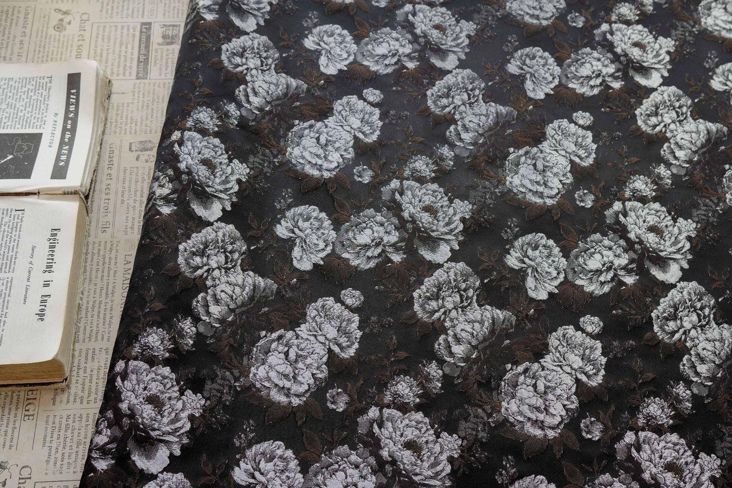 Vintage Black Peony Jacquard Fabric, Dark Romantic Floral Brocade Textile for Cheongsam, Upholstery, Curtains & Home Decor, 63" Wide