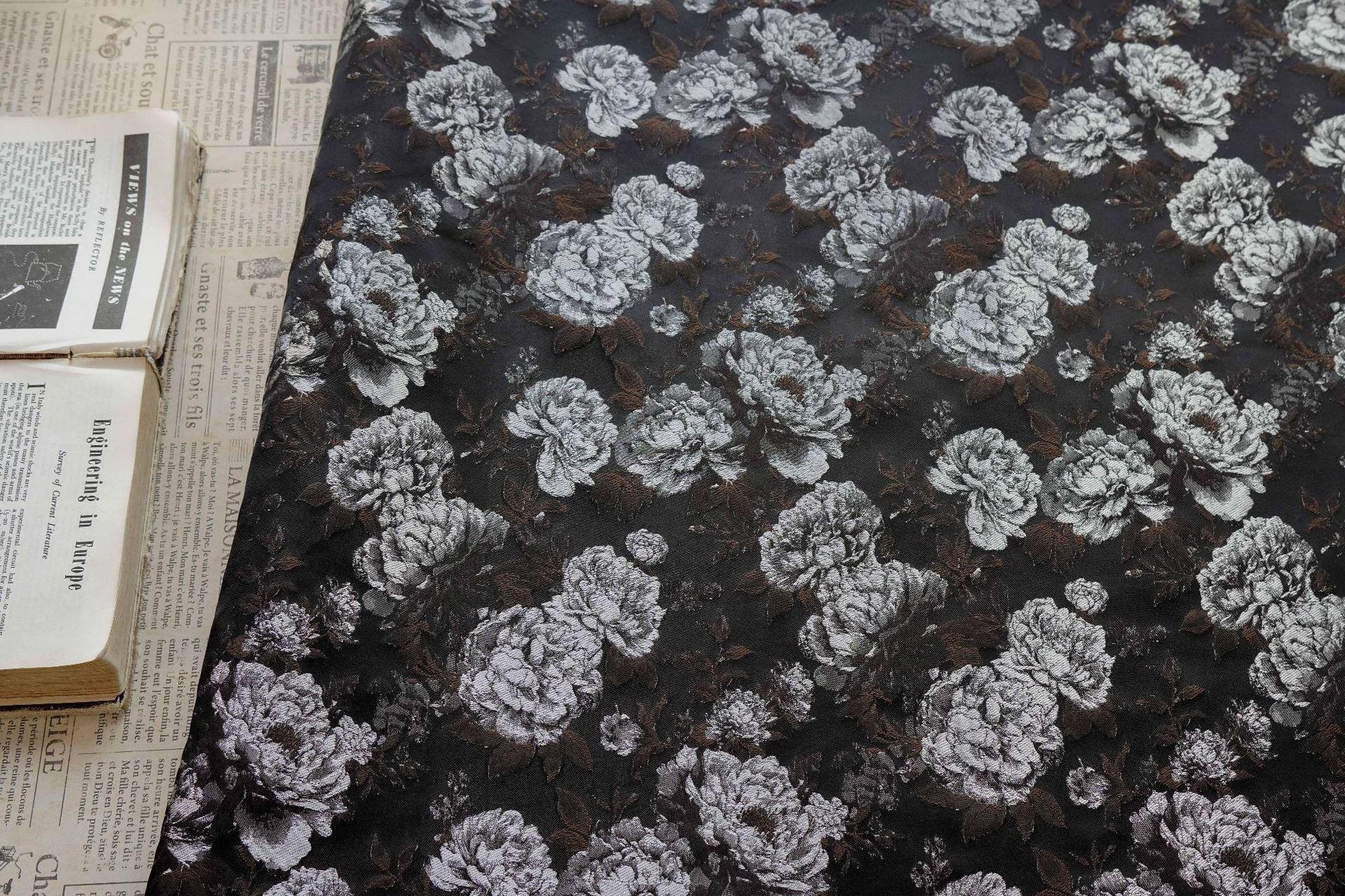 Vintage Black Peony Jacquard Fabric, Dark Romantic Floral Brocade Textile for Cheongsam, Upholstery, Curtains & Home Decor, 63" Wide