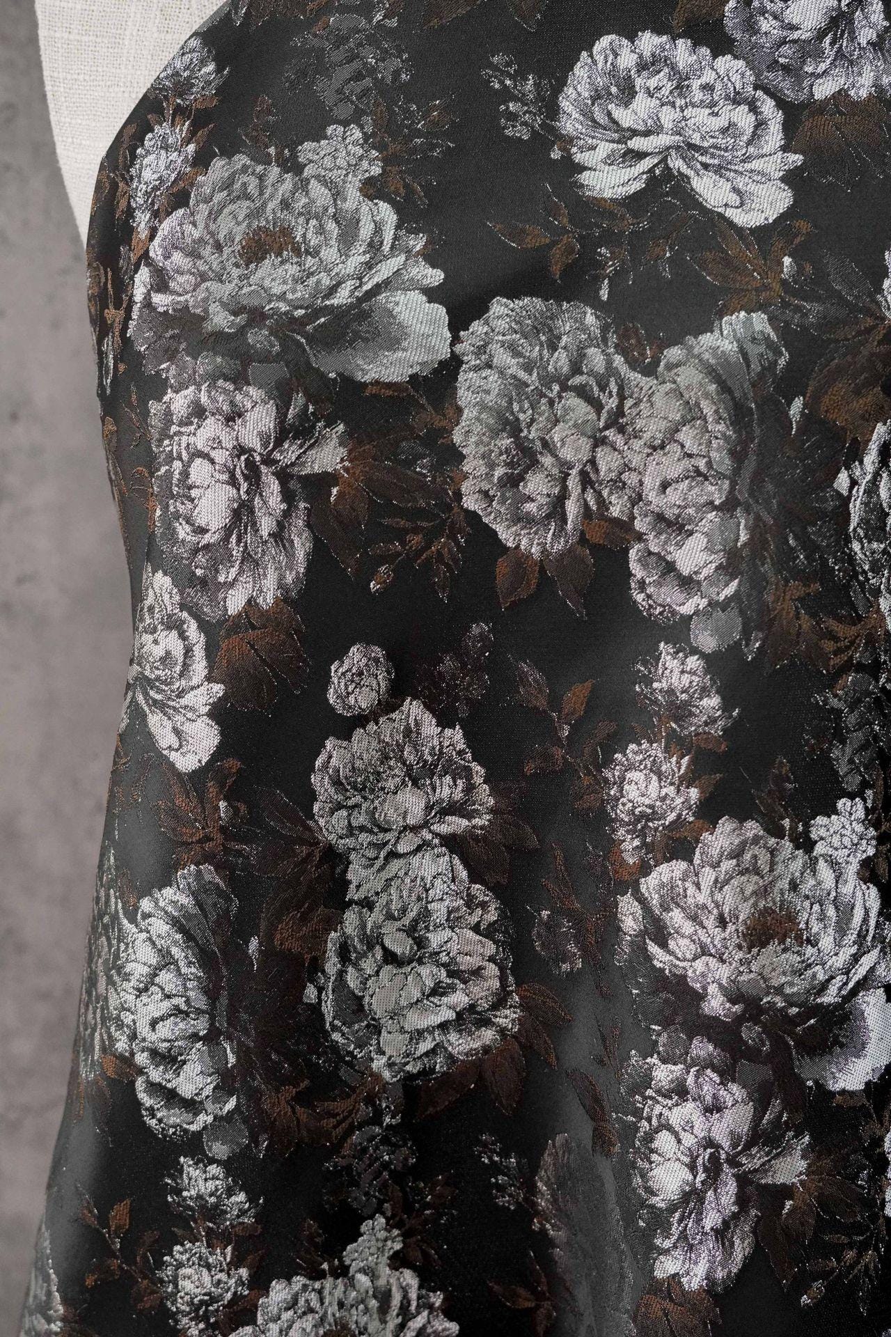 Vintage Black Peony Jacquard Fabric, Dark Romantic Floral Brocade Textile for Cheongsam, Upholstery, Curtains & Home Decor, 63" Wide
