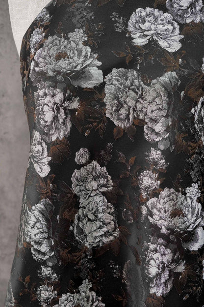 Vintage Black Peony Jacquard Fabric, Dark Romantic Floral Brocade Textile for Cheongsam, Upholstery, Curtains & Home Decor, 63" Wide