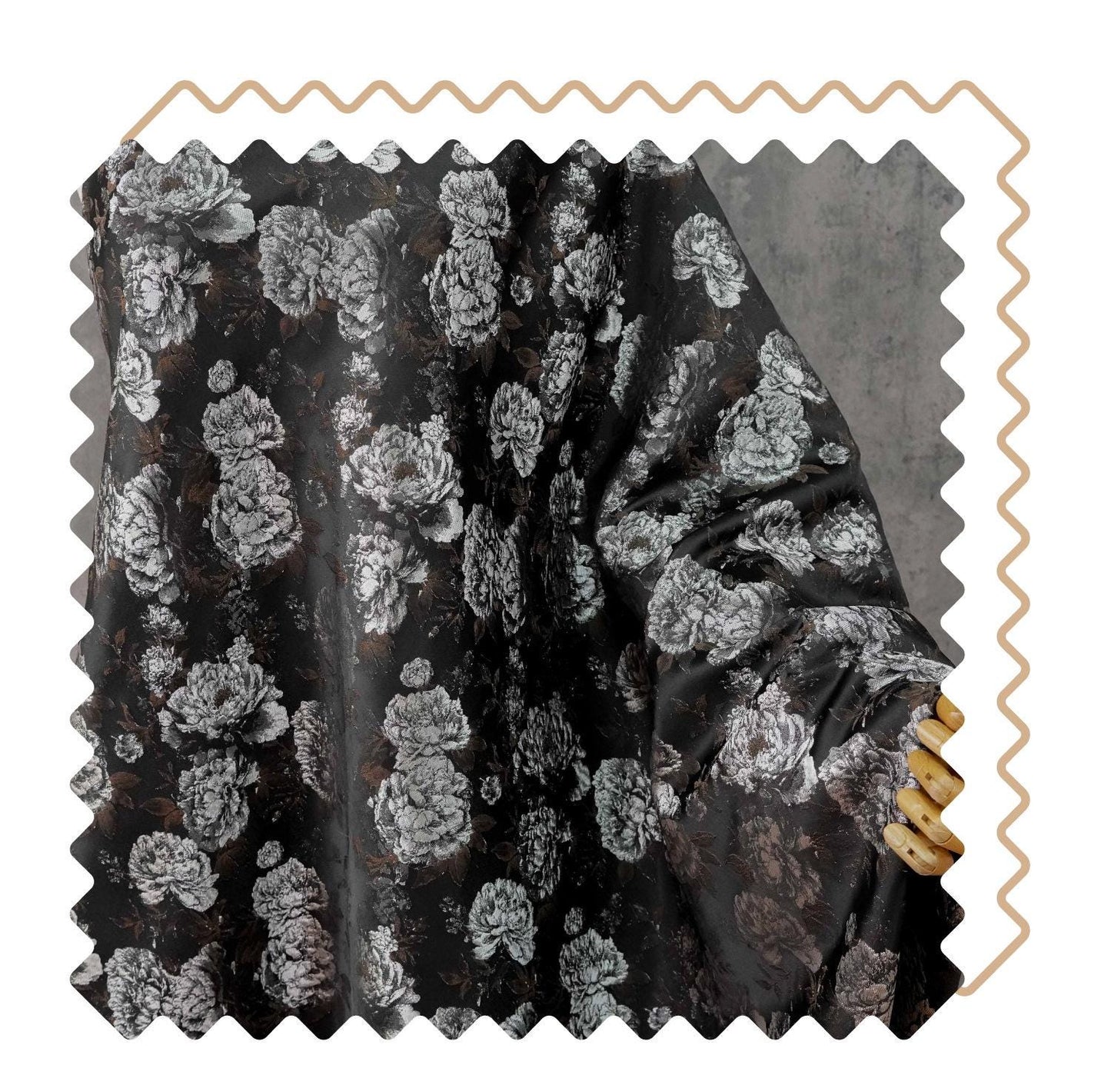Vintage Black Peony Jacquard Fabric, Dark Romantic Floral Brocade Textile for Cheongsam, Upholstery, Curtains & Home Decor, 63" Wide