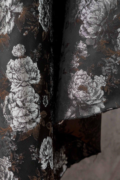 Vintage Black Peony Jacquard Fabric, Dark Romantic Floral Brocade Textile for Cheongsam, Upholstery, Curtains & Home Decor, 63" Wide