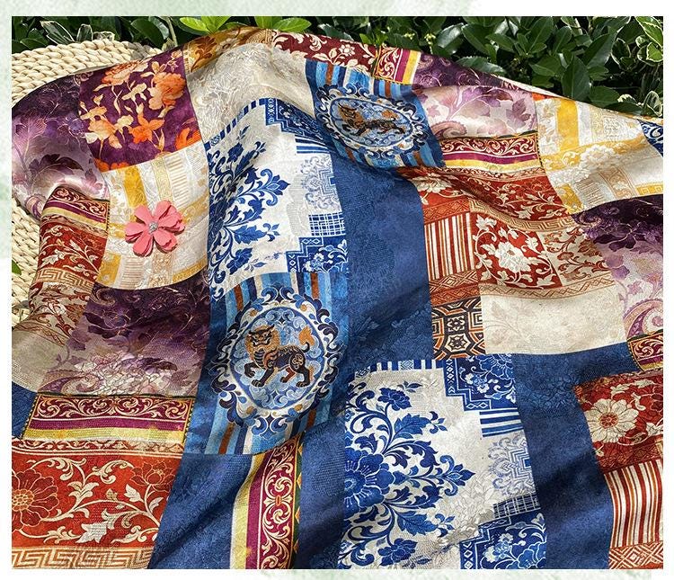 Chinese Jacquard Rayon Silk Fabric by Yard, Palace Style Patchwork Textile, Xiangyunsha Inspired Dress Fabric for Sewing Decor, 55"Wide