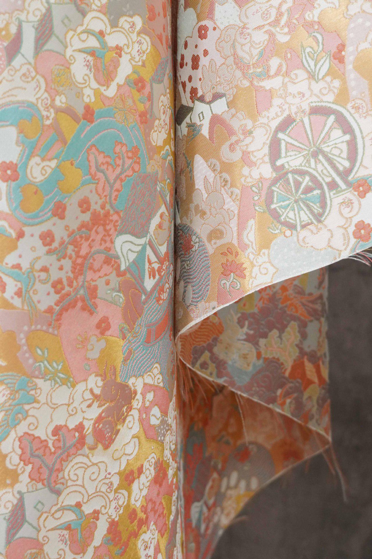 Chinese Song Brocade Fabric by Yard, Gold Metallic Jacquard Textile, Elegant Pastel Floral Satin Fabric for Dresses Upholstery Crafts, 59"W