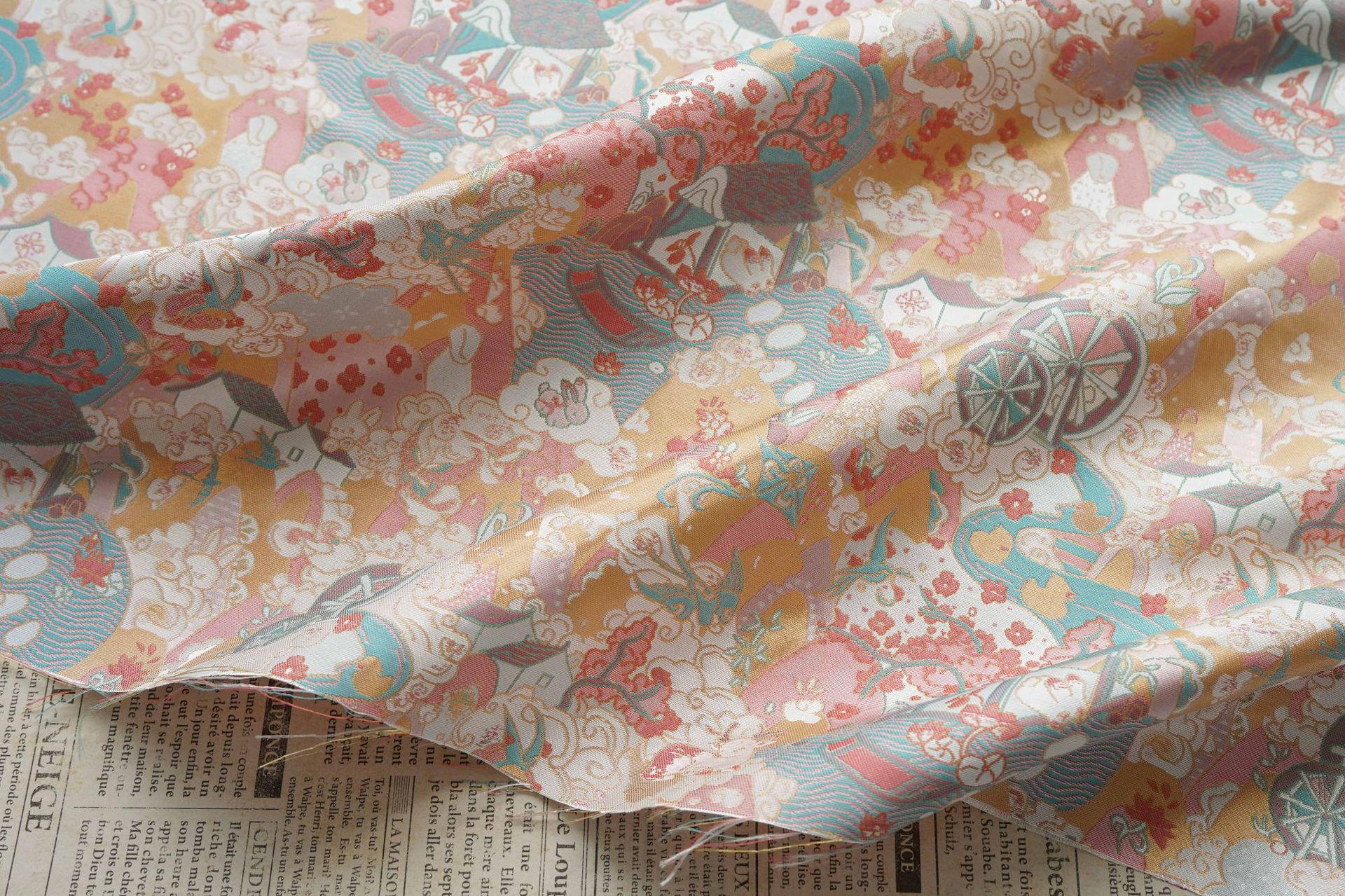 Chinese Song Brocade Fabric by Yard, Gold Metallic Jacquard Textile, Elegant Pastel Floral Satin Fabric for Dresses Upholstery Crafts, 59"W
