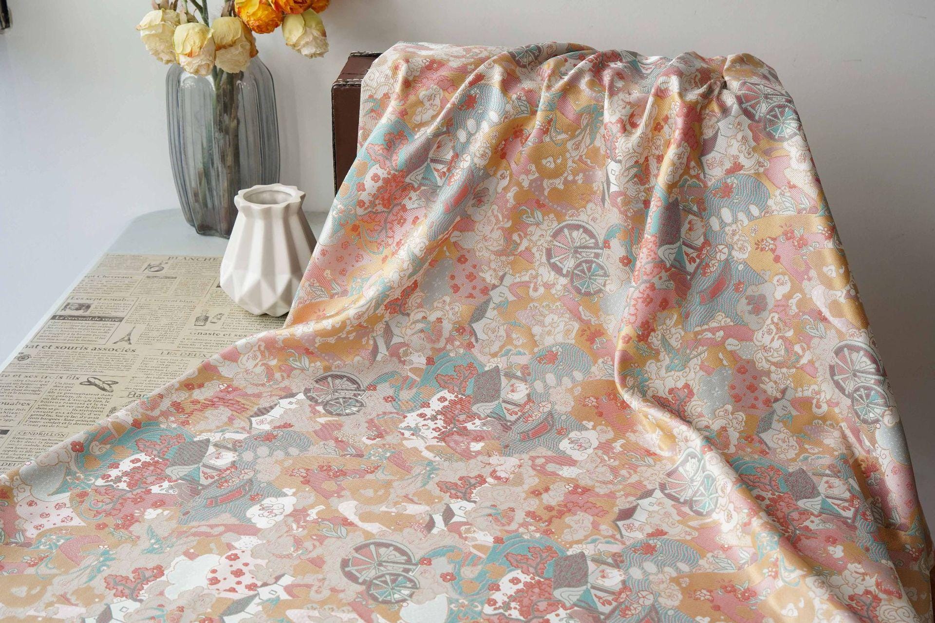Chinese Song Brocade Fabric by Yard, Gold Metallic Jacquard Textile, Elegant Pastel Floral Satin Fabric for Dresses Upholstery Crafts, 59"W