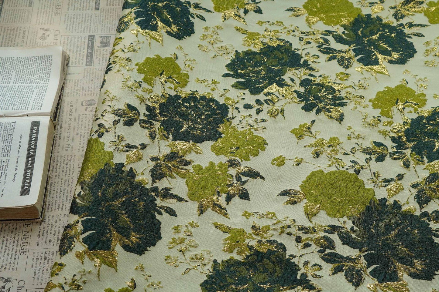 Vintage Gold Floral Jacquard Fabric by Yard, Embossed Brocade Textile, Luxury Green Black Metallic Fabric for Fashion Decor Sewing, 55" Wide