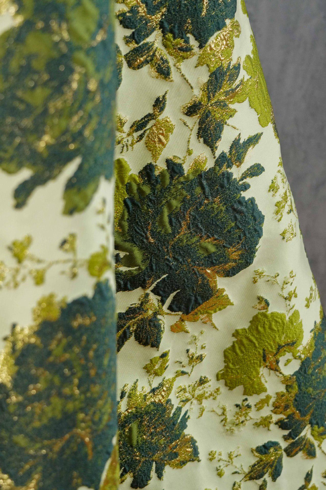 Vintage Gold Floral Jacquard Fabric by Yard, Embossed Brocade Textile, Luxury Green Black Metallic Fabric for Fashion Decor Sewing, 55" Wide