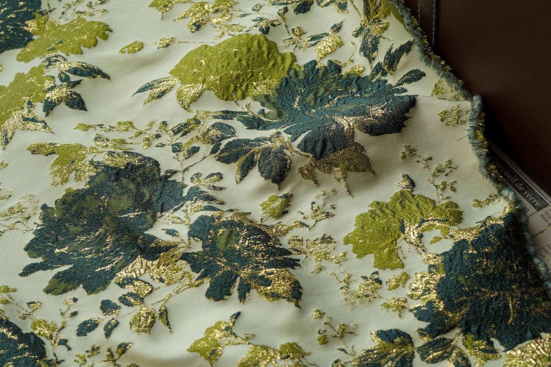 Vintage Gold Floral Jacquard Fabric by Yard, Embossed Brocade Textile, Luxury Green Black Metallic Fabric for Fashion Decor Sewing, 55" Wide