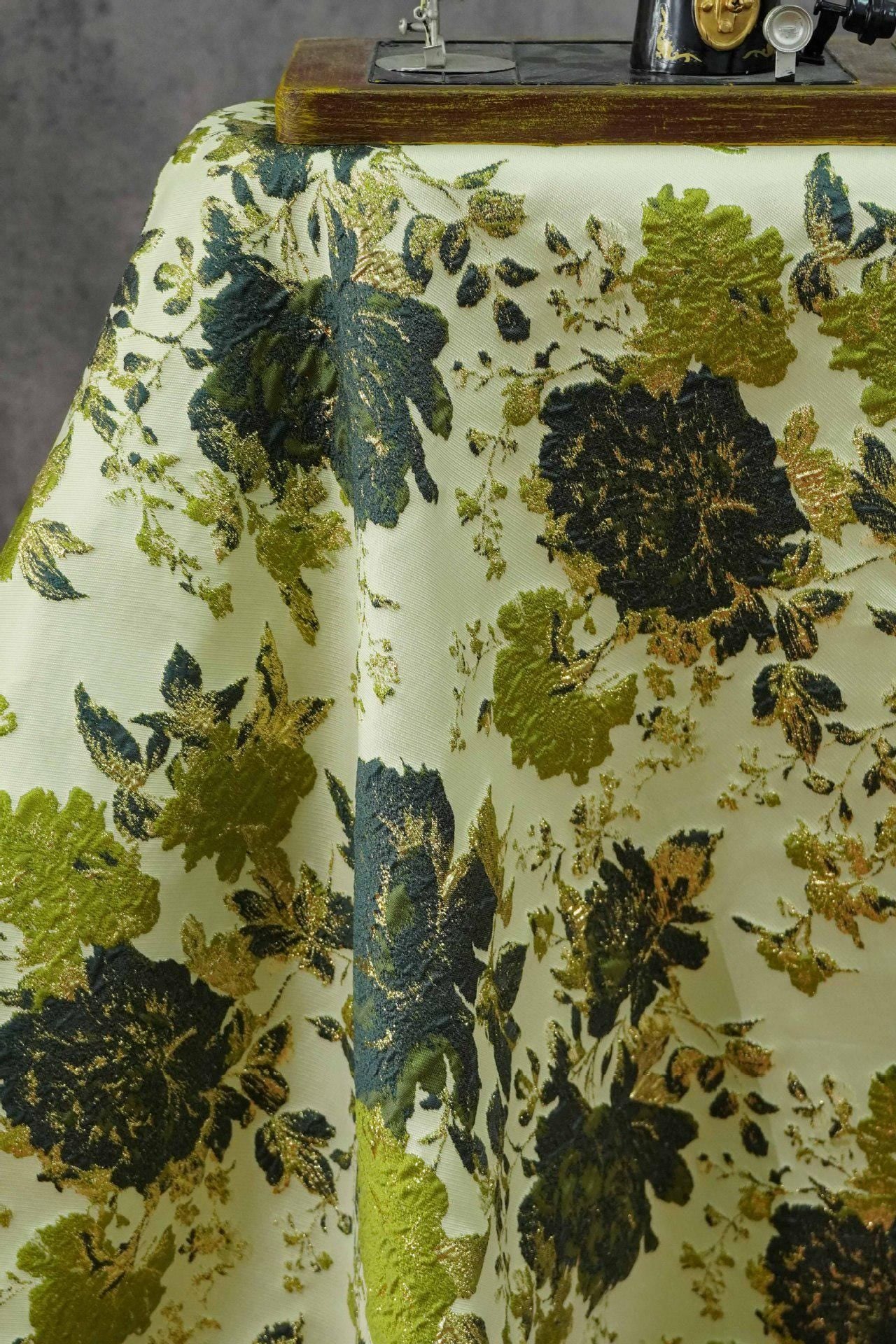Vintage Gold Floral Jacquard Fabric by Yard, Embossed Brocade Textile, Luxury Green Black Metallic Fabric for Fashion Decor Sewing, 55" Wide