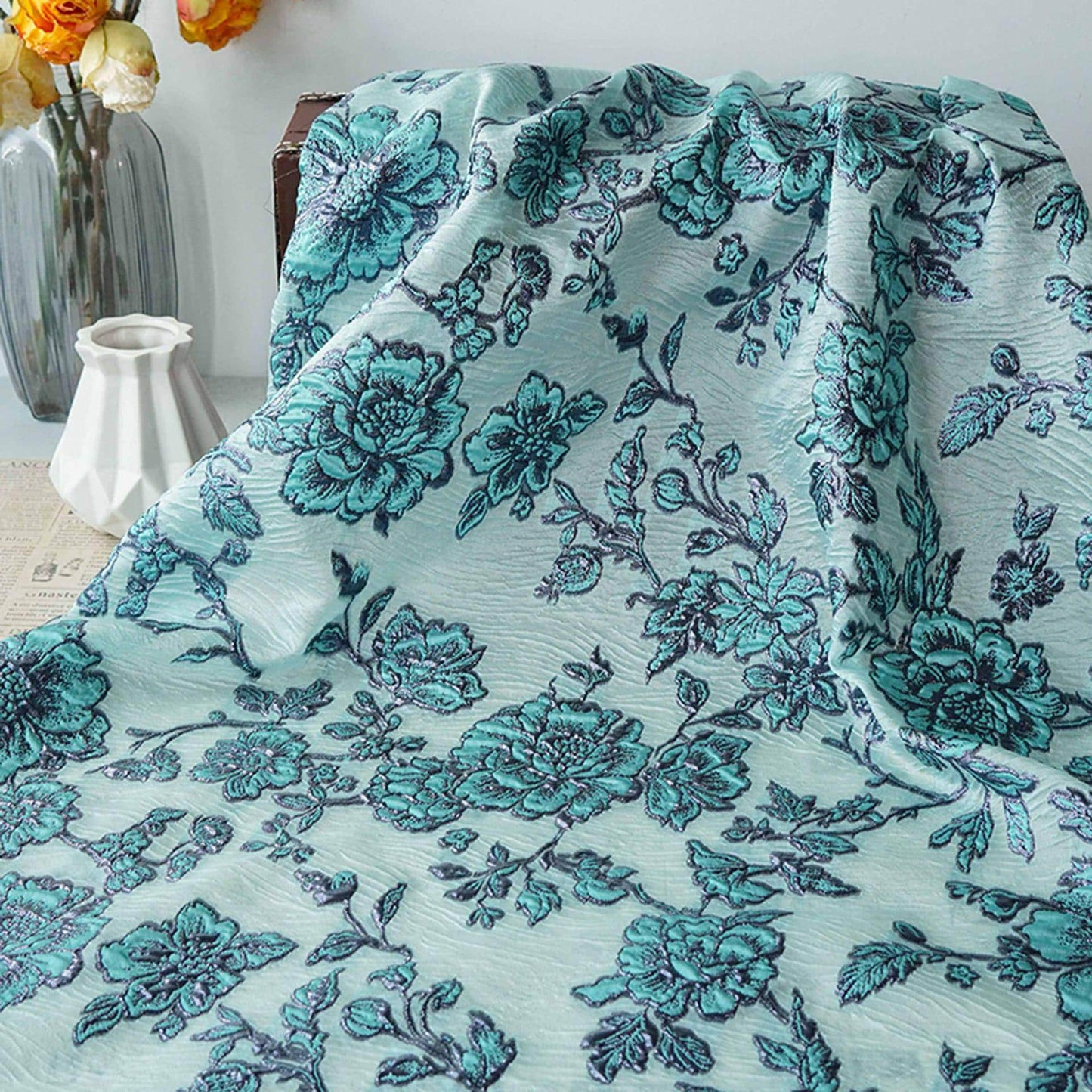 Embossed Peony Metallic Jacquard Fabric, Vintage Floral Brocade Upholstery Material, Luxury Decorative Fabric for Curtains, Sofa, Home Decor
