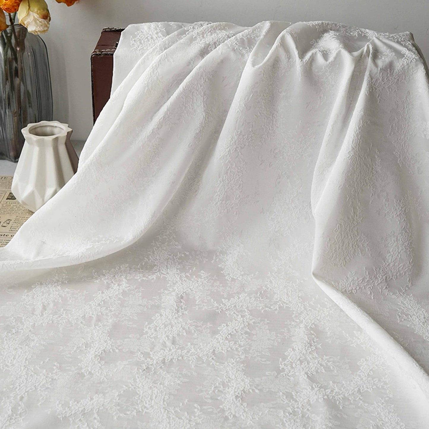 White Embossed Floral Jacquard Fabric, 3D Textured Ivory Brocade Material, Luxury Wedding Dress, Curtain & Home Decor Fabric