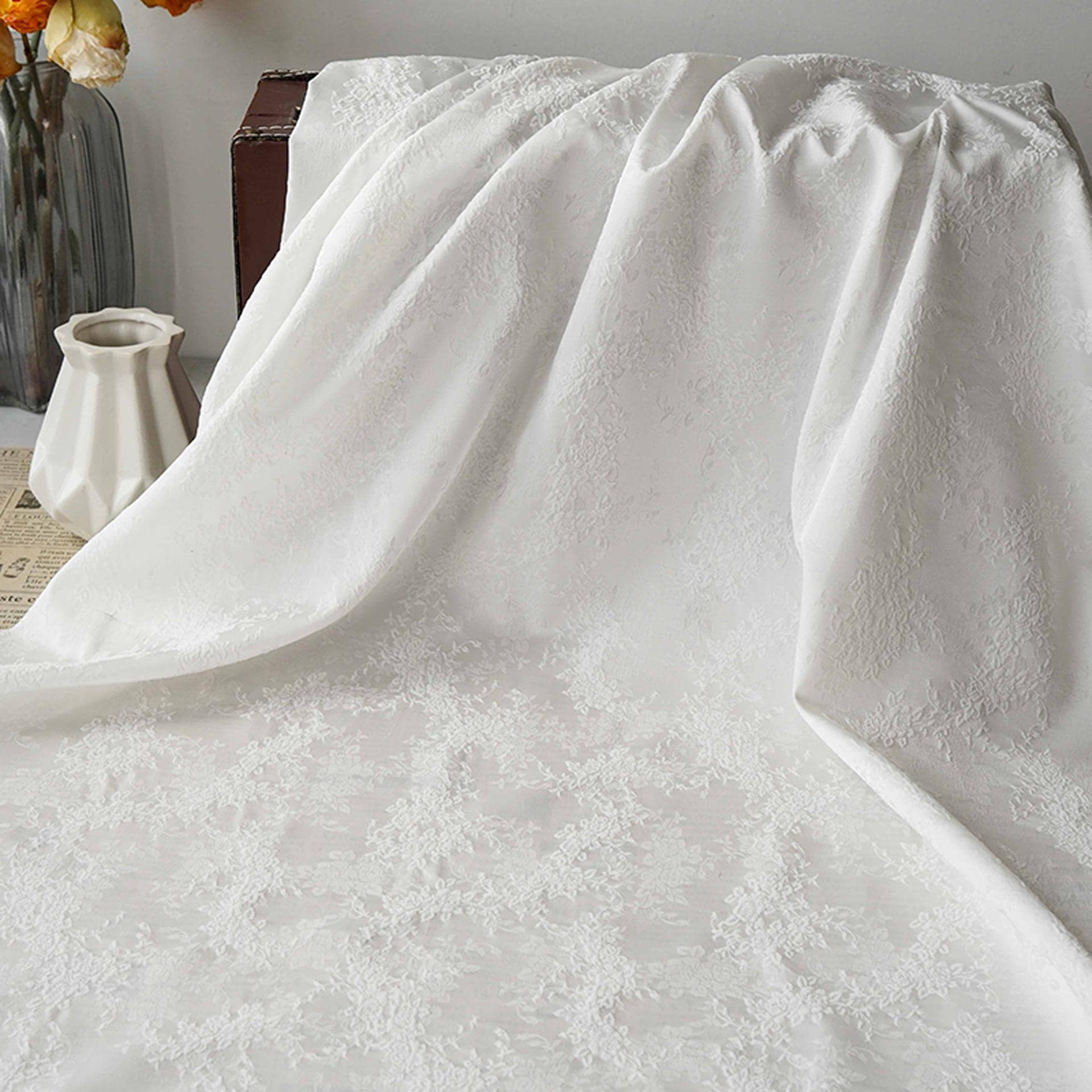 White Embossed Floral Jacquard Fabric, 3D Textured Ivory Brocade Material, Luxury Wedding Dress, Curtain & Home Decor Fabric