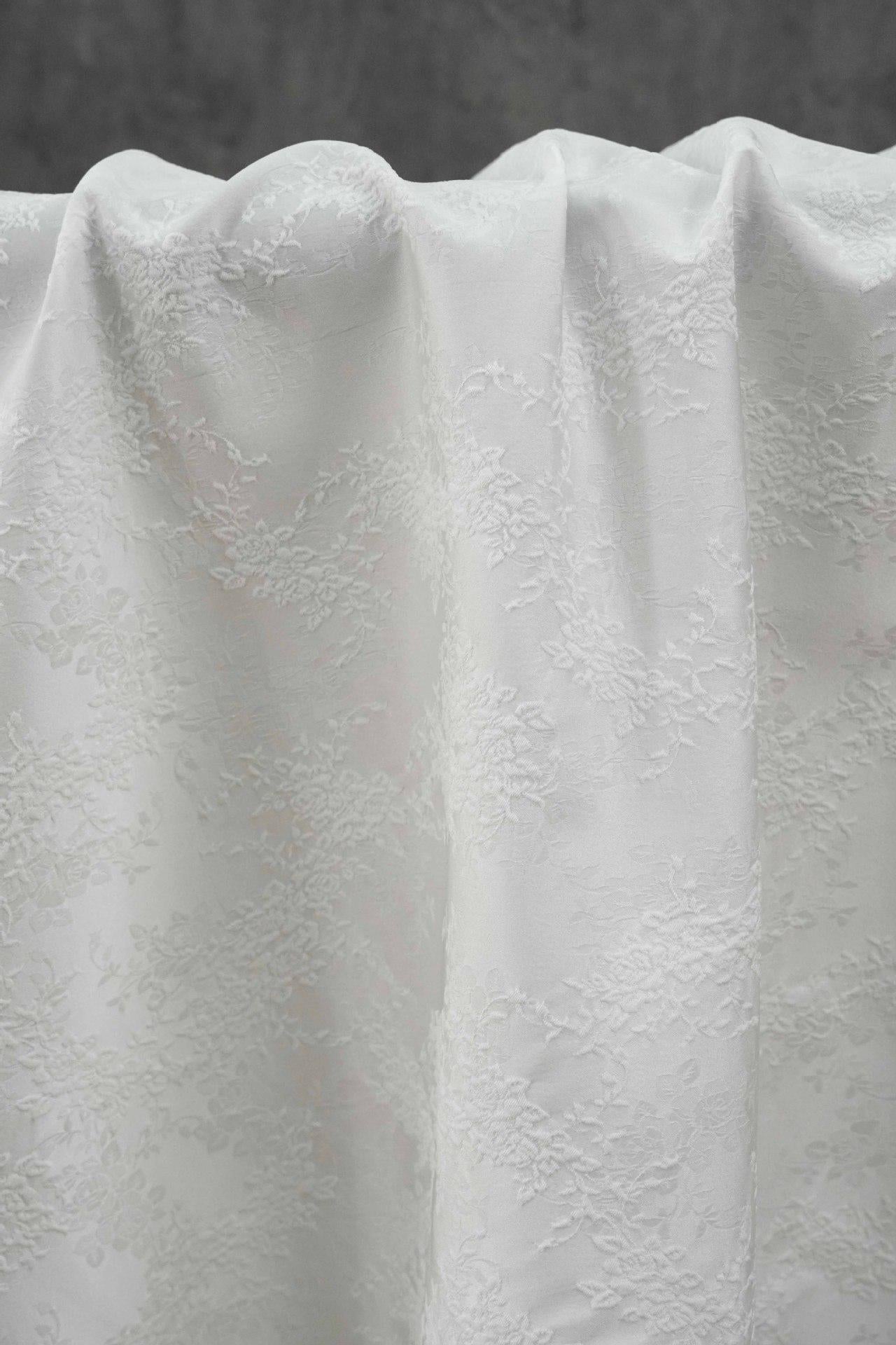White Embossed Floral Jacquard Fabric, 3D Textured Ivory Brocade Material, Luxury Wedding Dress, Curtain & Home Decor Fabric