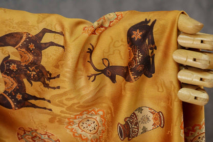 Chinese Blessing Deer Jacquard Fabric, Luxury Brocade Upholstery Textile, Traditional Fulu Deer Pattern Fabric, 59" Wide By The Yard, 59"W