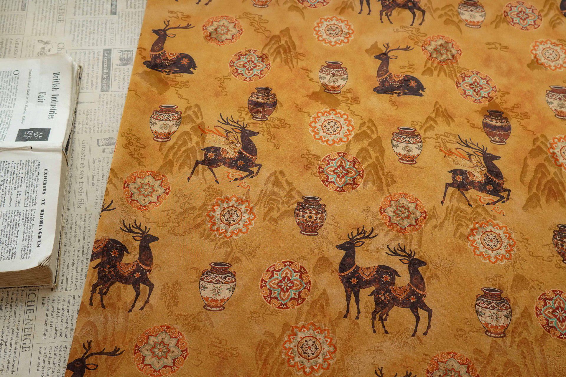 Chinese Blessing Deer Jacquard Fabric, Luxury Brocade Upholstery Textile, Traditional Fulu Deer Pattern Fabric, 59" Wide By The Yard, 59"W