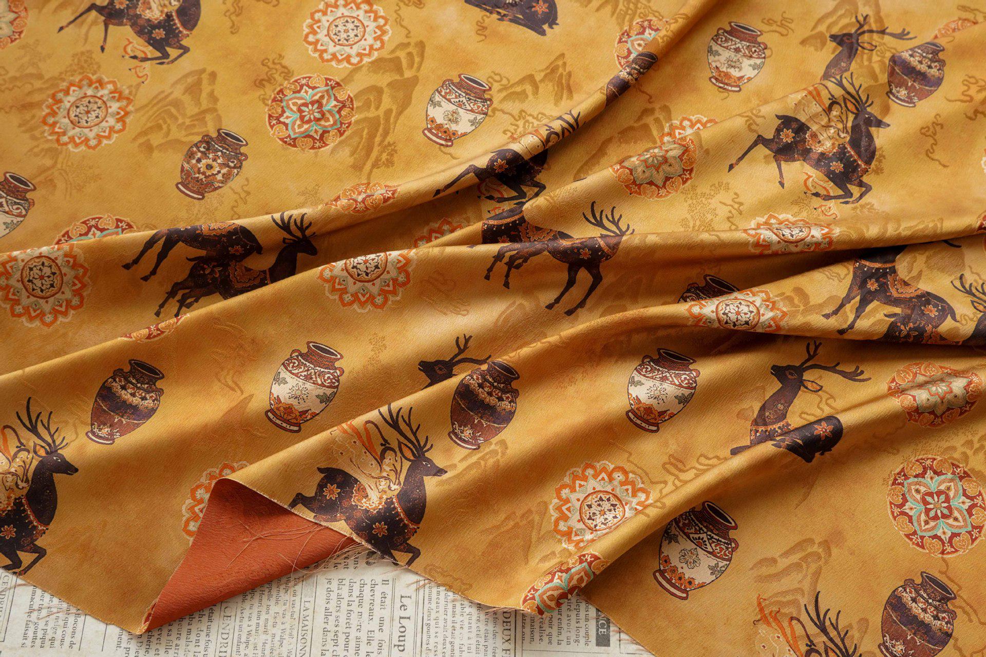 Chinese Blessing Deer Jacquard Fabric, Luxury Brocade Upholstery Textile, Traditional Fulu Deer Pattern Fabric, 59" Wide By The Yard, 59"W