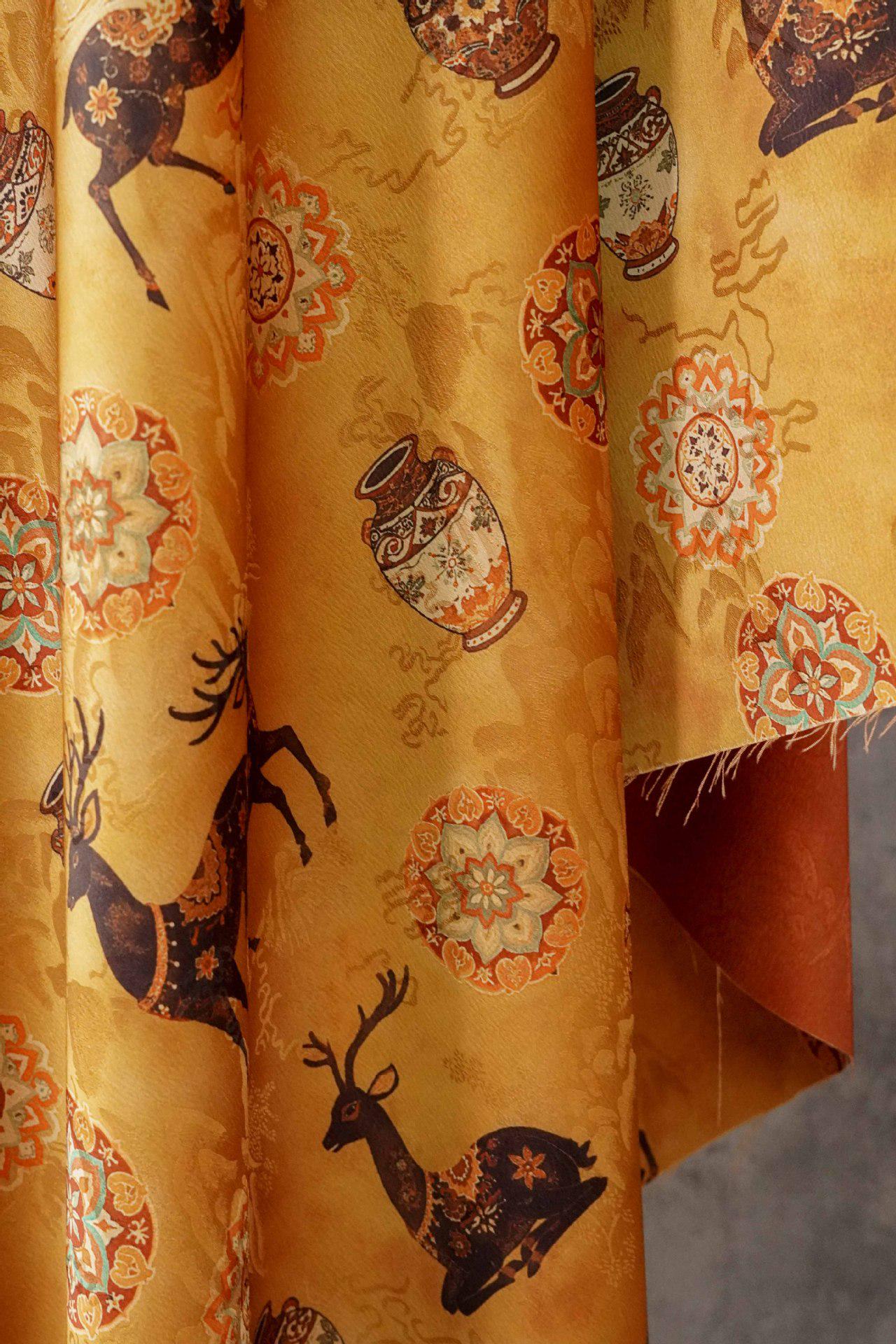 Chinese Blessing Deer Jacquard Fabric, Luxury Brocade Upholstery Textile, Traditional Fulu Deer Pattern Fabric, 59" Wide By The Yard, 59"W