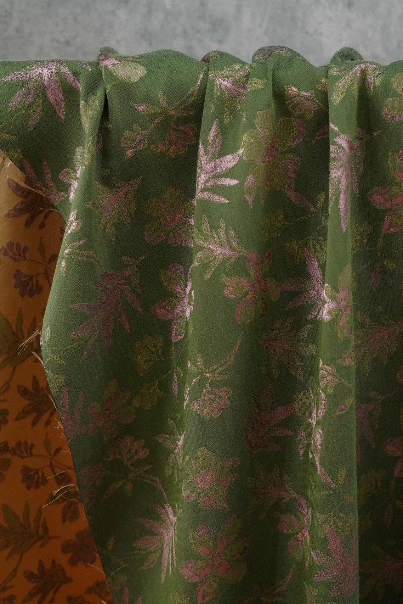 Green Floral Fabric by Yard, Botanical Garden Jacquard Textile, Vintage Cottage Fabric for Dresses Bags Quilting Crafts- 65"W