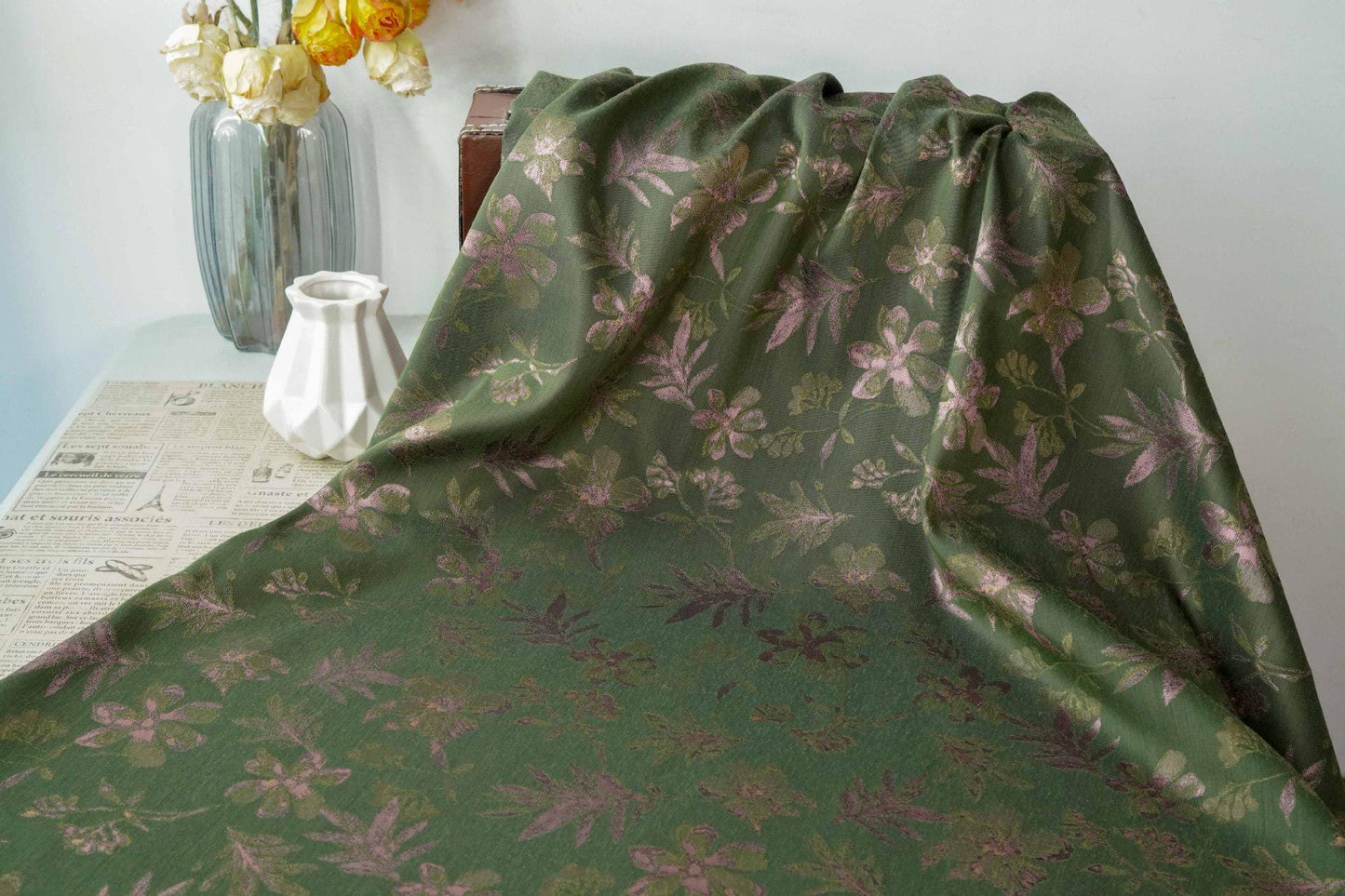 Green Floral Fabric by Yard, Botanical Garden Jacquard Textile, Vintage Cottage Fabric for Dresses Bags Quilting Crafts- 65"W