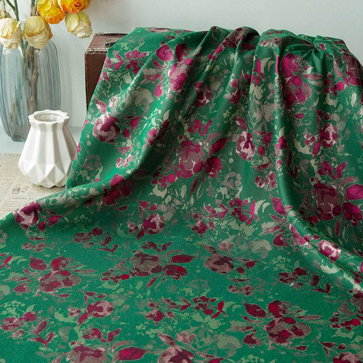Green Floral Fabric by Yard, French Vintage Jacquard Textile, Pink Flower Dress Fabric for Sewing Crafts Home Decor, 65"Wide