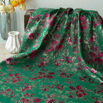 Green Floral Fabric by Yard, French Vintage Jacquard Textile, Pink Flower Dress Fabric for Sewing Crafts Home Decor, 65"Wide