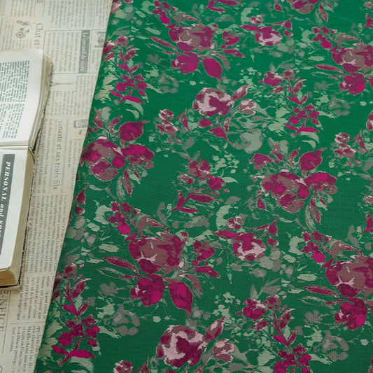 Green Floral Fabric by Yard, French Vintage Jacquard Textile, Pink Flower Dress Fabric for Sewing Crafts Home Decor, 65"Wide - Poppylollipop